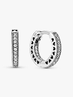 New PANDORA Bestseller Pavé Heart Hoop Earrings Sterling Silver